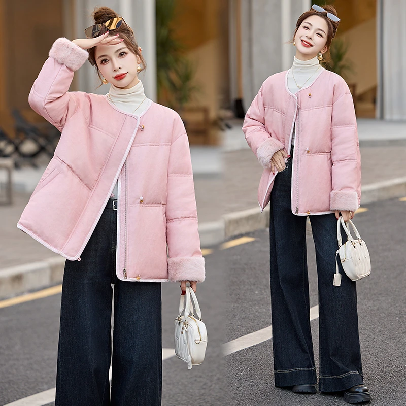 新中式国风粉色短款羽绒服女2024冬季新款高级感宽松时尚保暖外套