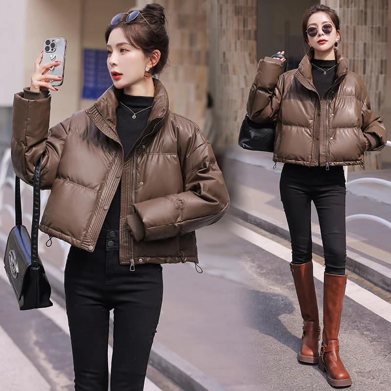 2024冬季新款时尚PU皮羽绒服女式短款亮面免洗加厚保暖小个子外套