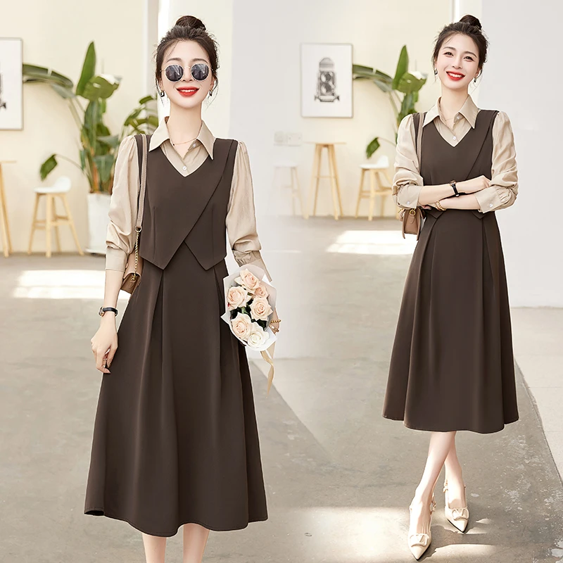长袖连衣裙女2023春秋新款气质小香风假两件显瘦马甲西装衬衫裙子