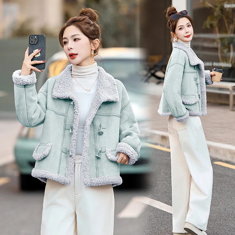 欧洲站皮毛一体短款厚款立领外套2024冬季新款女洋气复古机车服潮