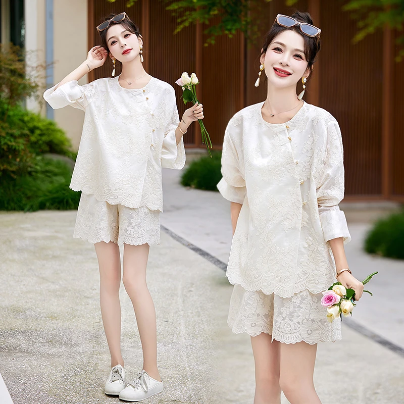 新中式蕾丝印花短裤套装女2024夏季新款刺绣小个子盘扣休闲两件套