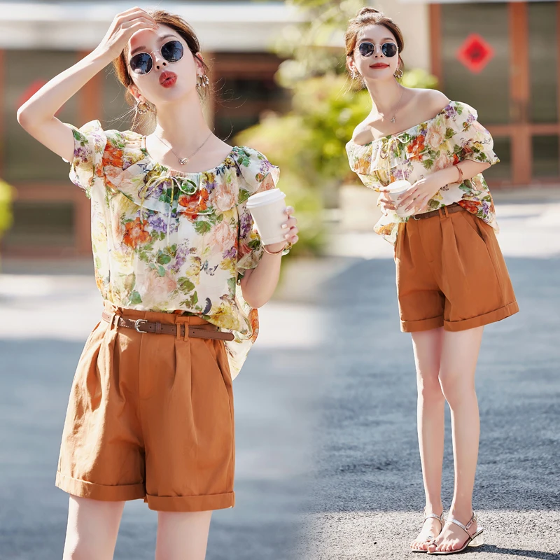 时尚印花一字肩短裤套装女2025年夏季新款小个子高级感休闲两件套