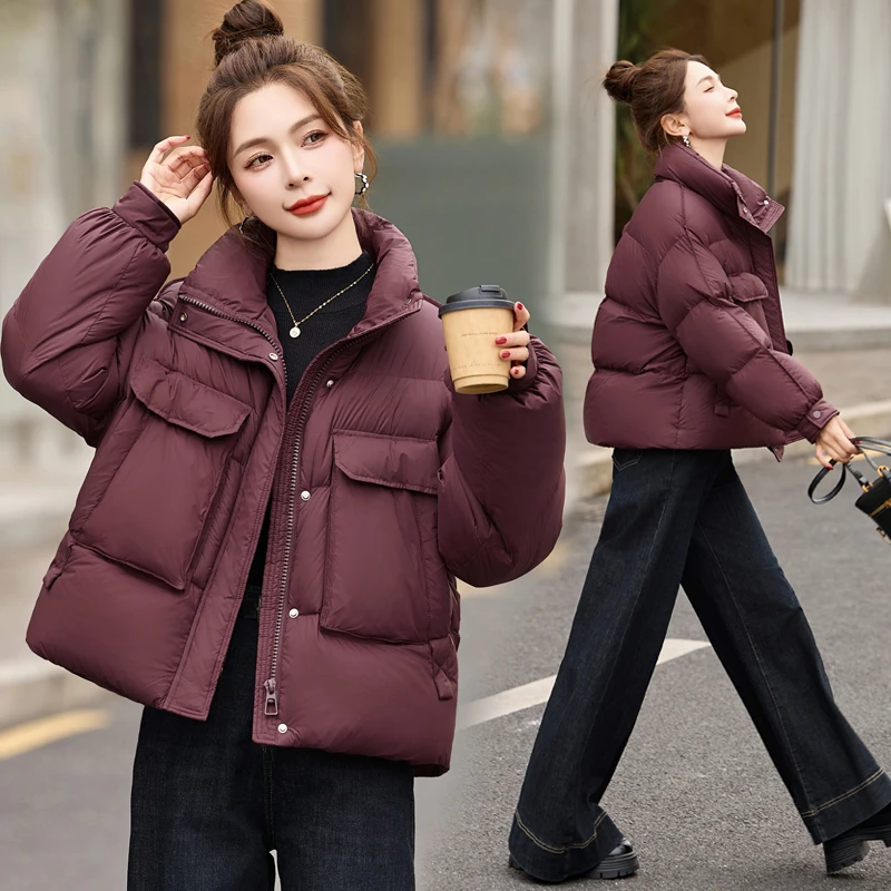 羽绒服短外套女冬季2024新款韩版气质立领百搭小个子白鸭绒面包服