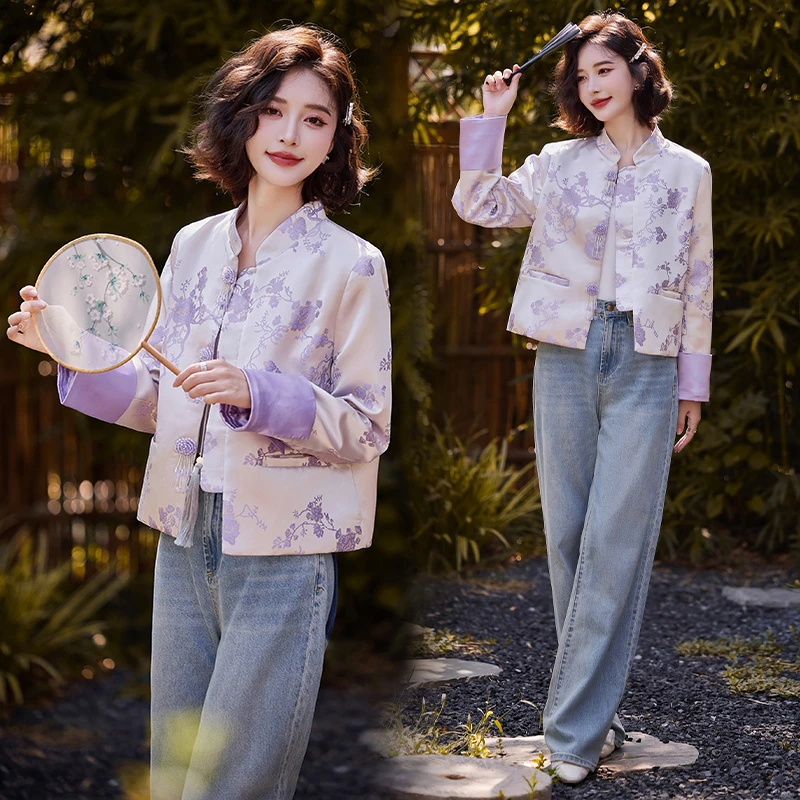 新中式国风提花外套女2025春季新款高级感小个子复古盘扣西服上衣