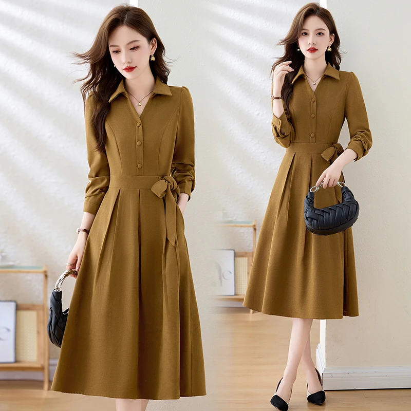 法式气质长袖连衣裙女2024早秋新款收腰修身薄款打底中长款衬衫裙