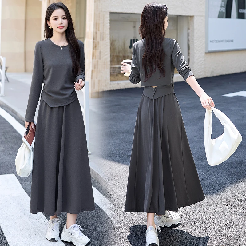 韩系灰色休闲套装裙女2025年秋季新款镂空不规则上衣半身裙两件套