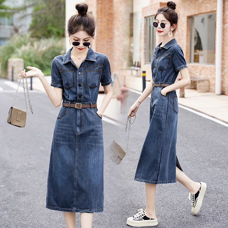 复古港风牛仔连衣裙女2025年夏季新款小个子收腰显瘦中长款衬衫裙