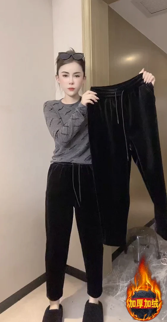 2023秋冬新款洋气加绒加厚丝绒时髦百搭显瘦直筒松紧腰休闲长裤女