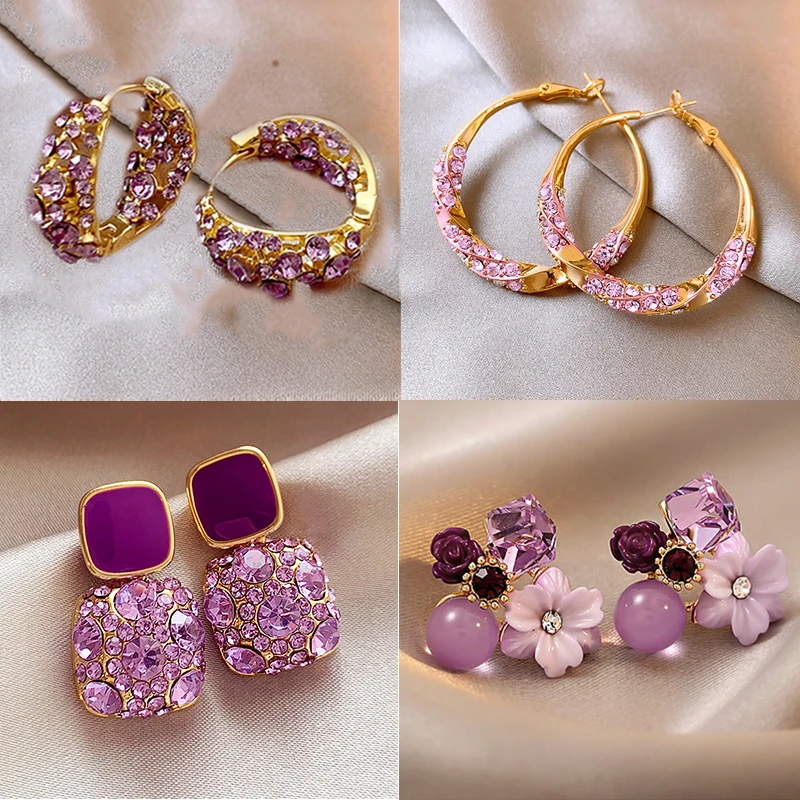合金耳饰 2024新款潮大气紫色满钻圈圈耳环百搭个性小众设计耳环