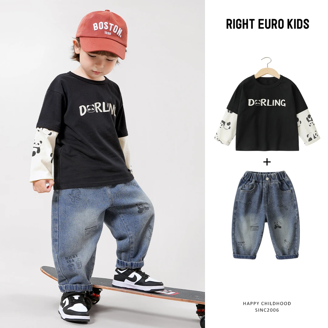 【潮宝两件套】男童长袖T恤搭配牛仔裤套装秋春装洋气百搭潮UZ221