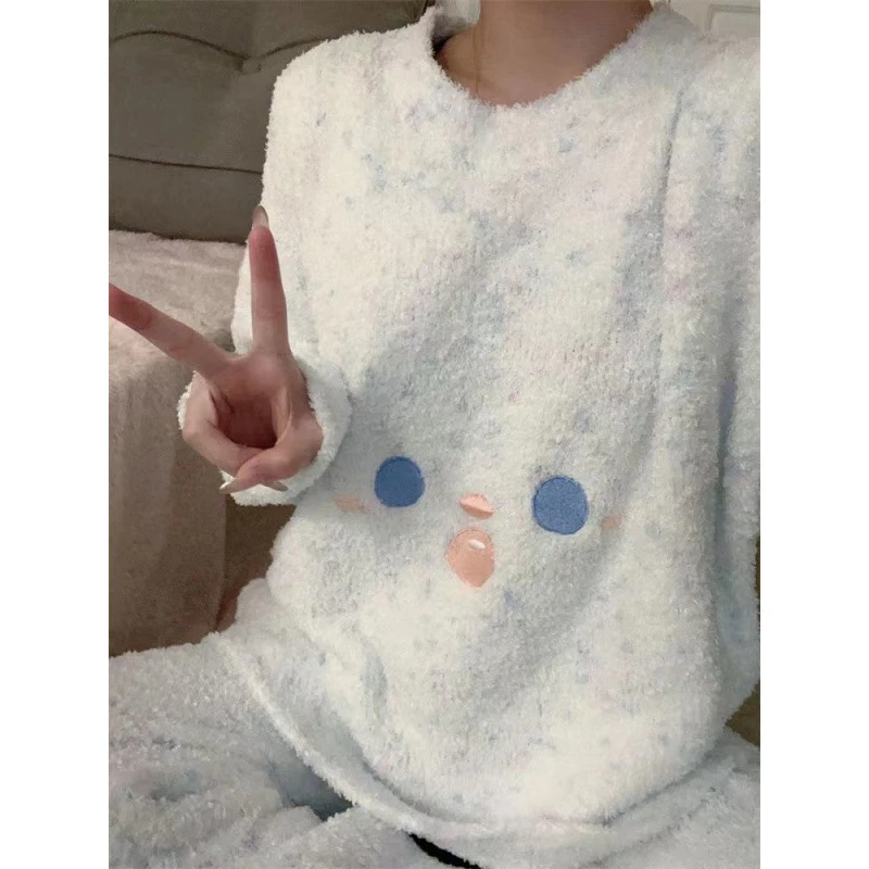 韩国软糯半边绒睡衣女加绒加厚秋冬季新款长袖毛绒学生家居服套装