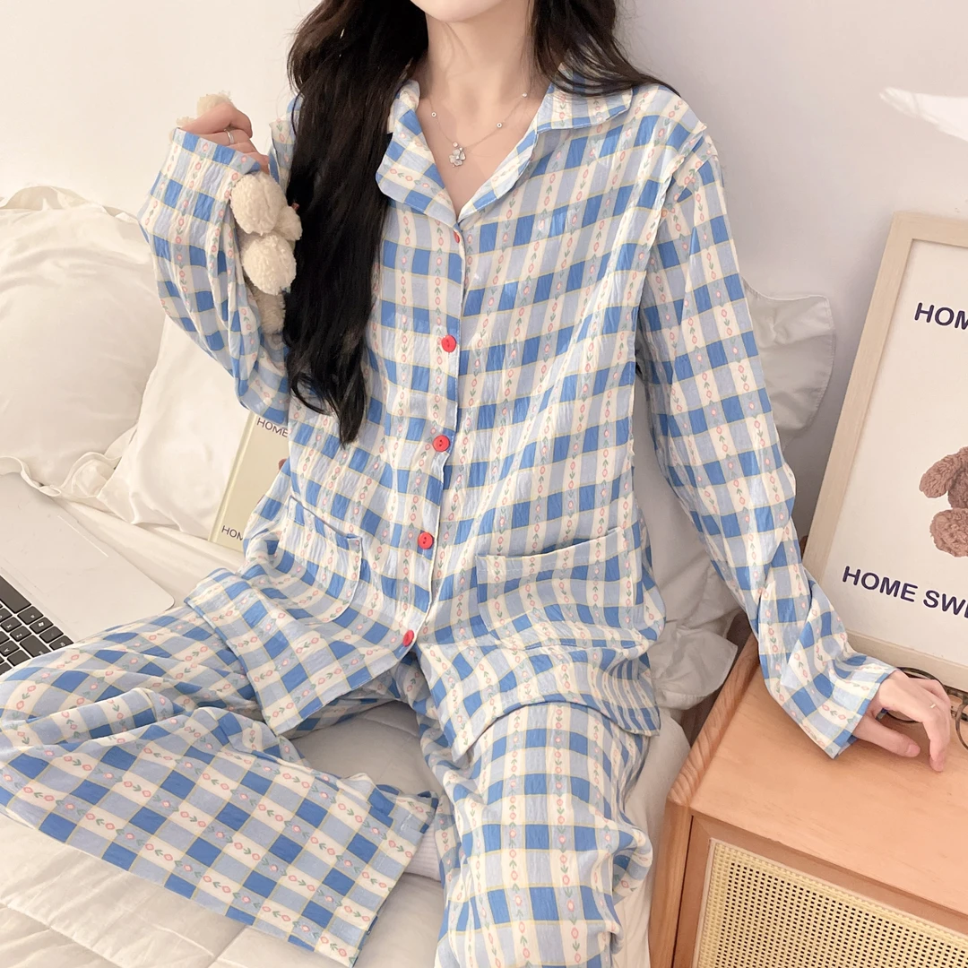 春夏皱皱云朵棉带胸垫月子服孕妇产后透气哺乳长袖睡衣