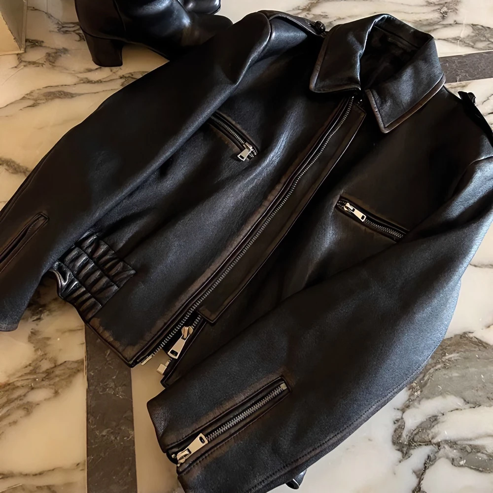 海宁高端皮衣外套女2024春秋新款上衣复古做旧美式机车短款皮夹克