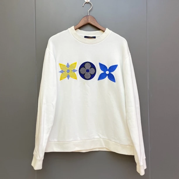 Louis Vuitton路易威登白色三花大LOGO刺绣圆领套头卫衣XL码 97新
