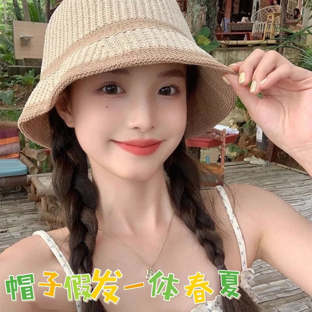 帽子假发一体女2024新款遮阳防晒麻花辫渔夫帽时尚百搭显脸小草帽