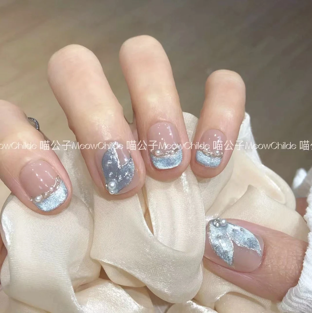 喵公子【蓝人鱼】纯手工穿戴甲可拆卸美甲光疗甲