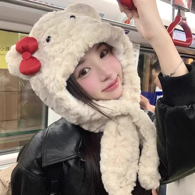 2024新款加厚保暖护耳帽子围巾一体冬季蝴蝶结小熊毛绒雷锋帽猫女