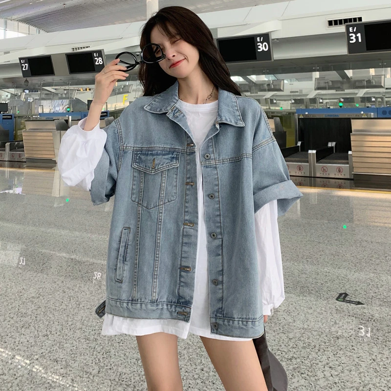 港风潮流春秋季韩版宽松网红chic牛仔上衣女百搭半袖牛仔外套女