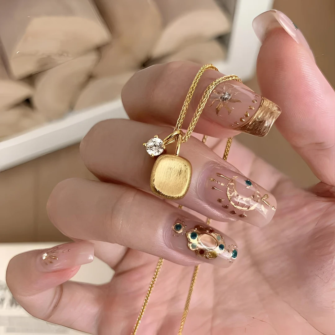 吊坠925银 925银拉丝方糖项链秋冬轻奢千金感金色锆石百搭不掉色