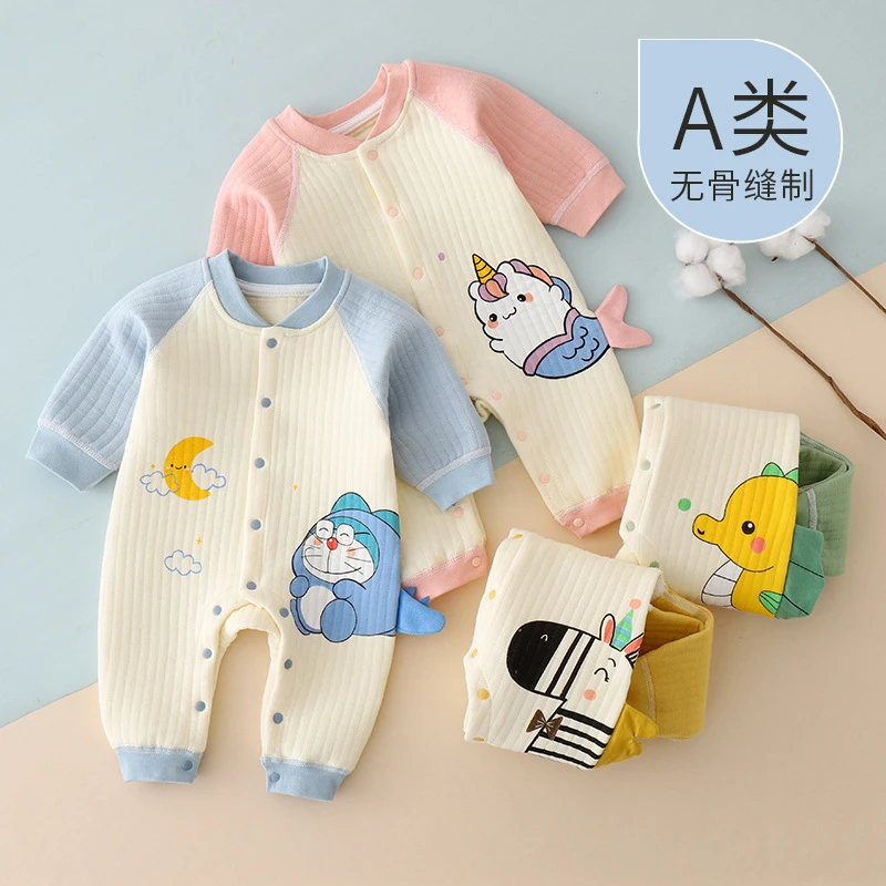 婴儿连体衣加绒春秋款哈衣新生儿无骨保暖连身衣宝宝斜襟长袖爬服