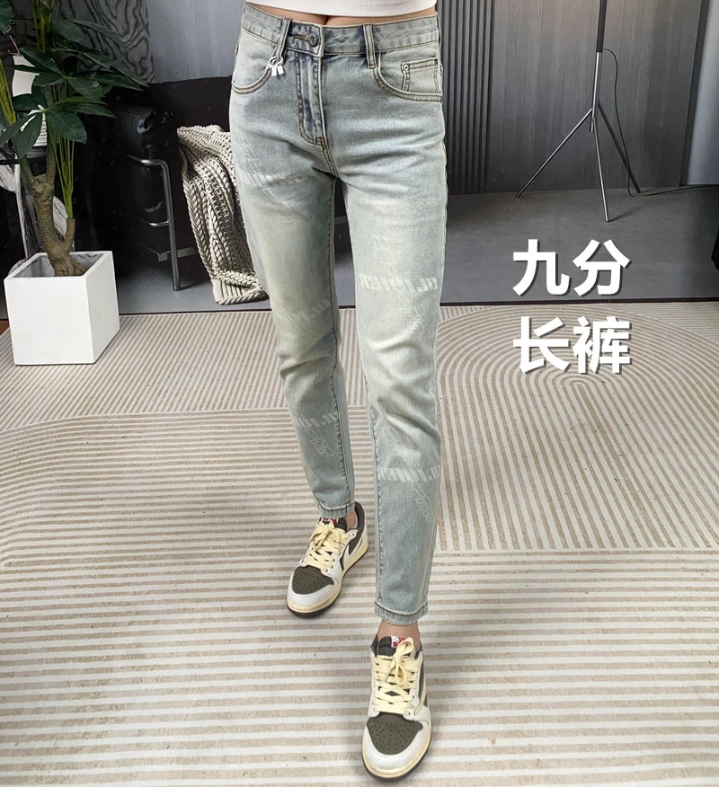 欧货早春百搭1375九分男牛仔裤子时尚轻奢舒适破洞潮流牛仔裤长裤