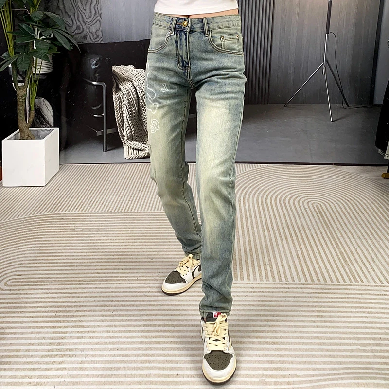 早春新款3636欧货男士潮流牛仔裤修身小脚弹力水洗小熊男牛仔裤子