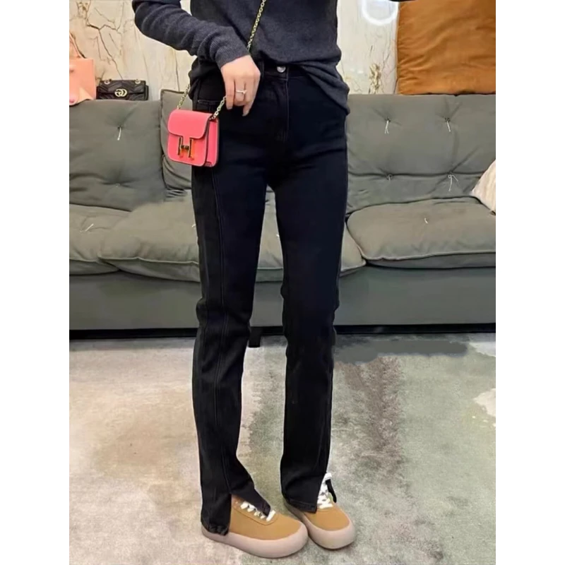 筷子腿 高个子加长时尚窄板直筒牛仔裤加绒弹力开衩显瘦百搭9185