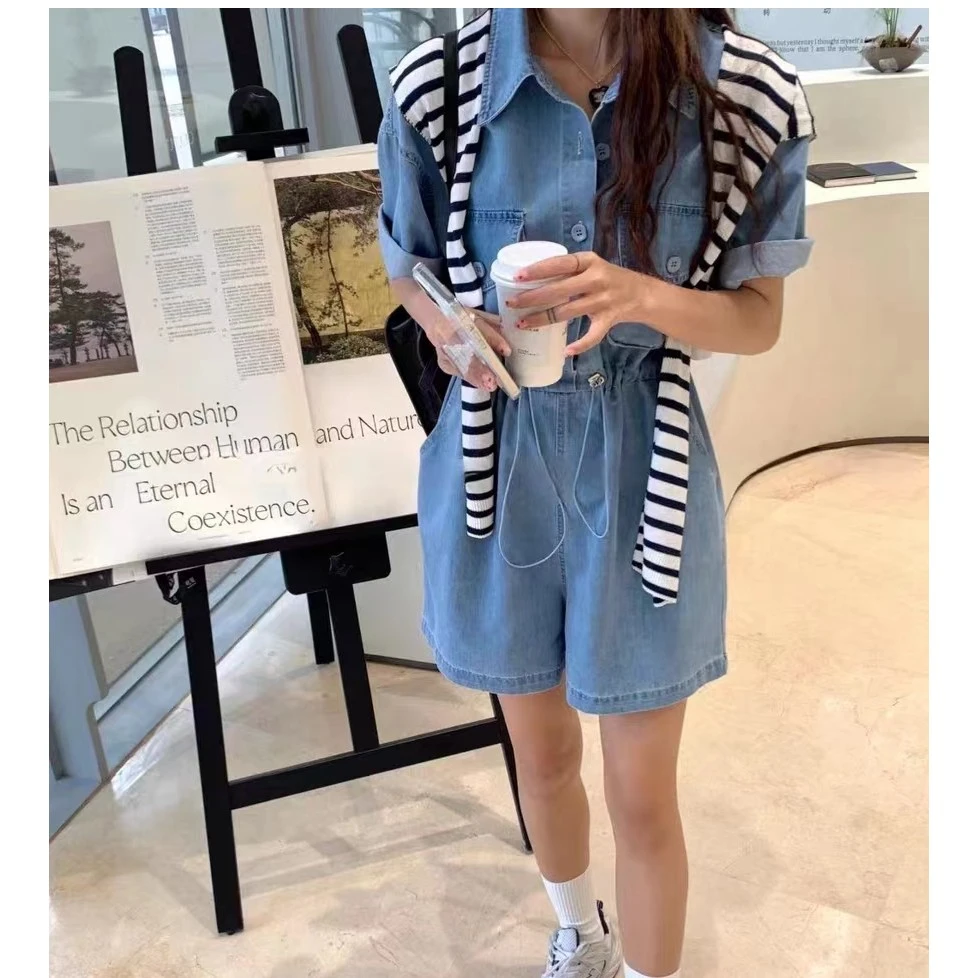 【清】高个子牛仔连体裤，夏季洋气韩系显瘦腰部抽绳连体裤2525