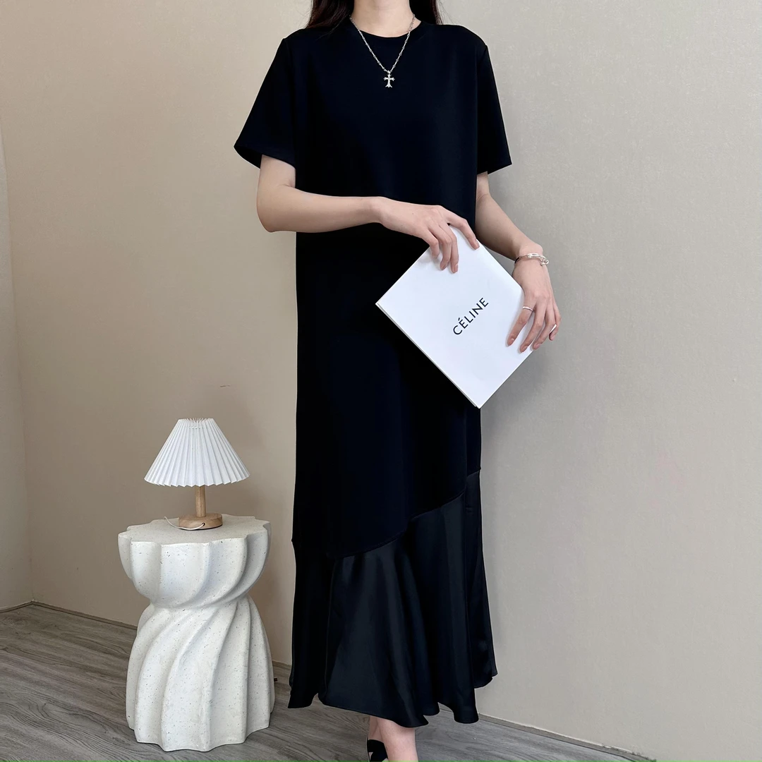 暮光晚宴 高个子加长黑色气质百搭休闲拼接高级显瘦鱼尾连衣裙509