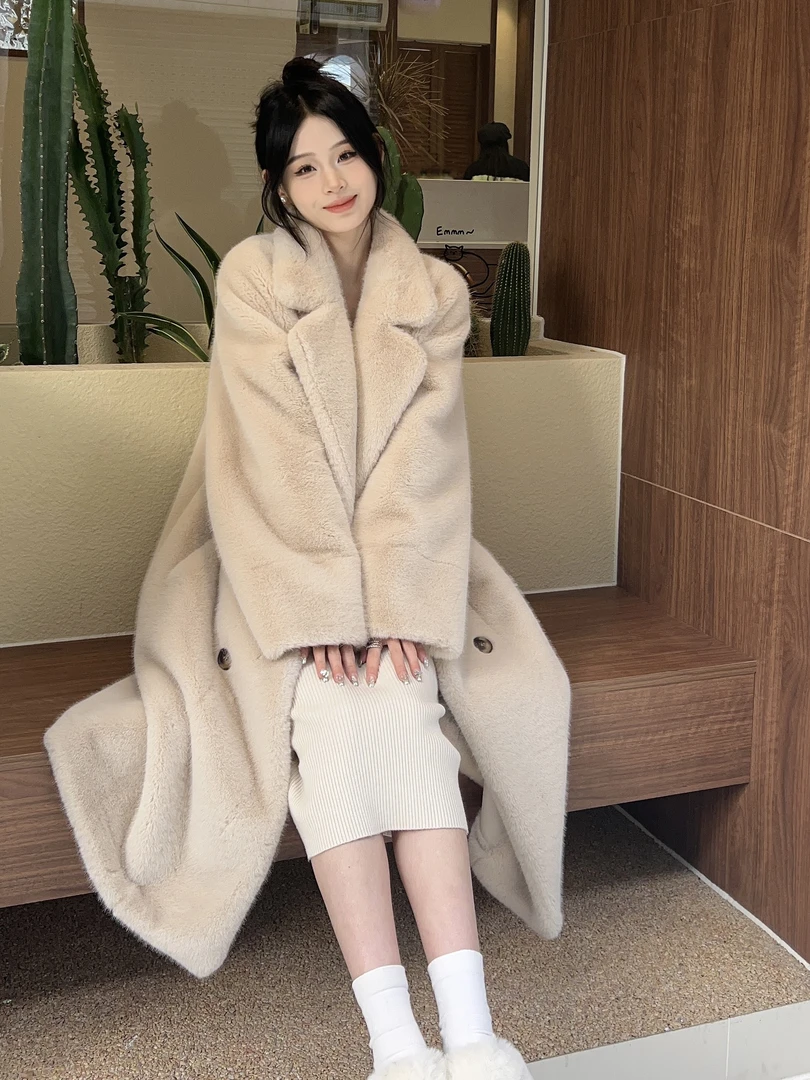 【贵妇战袍3.0】秋冬新款毛茸茸加厚长款西服领毛毛环保大衣长款