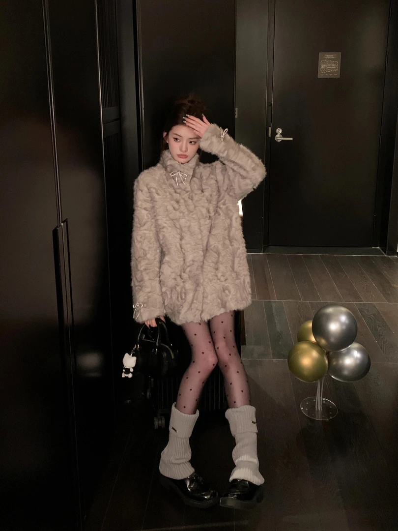 新款立领蝴蝶结染尖环保毛毛一体仙女风百搭韩版保暖毛毛外套