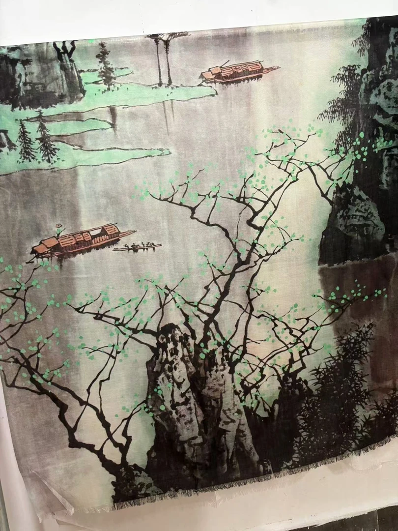 Y032  水墨画手绘羊绒围巾 披肩 90*200cm Y