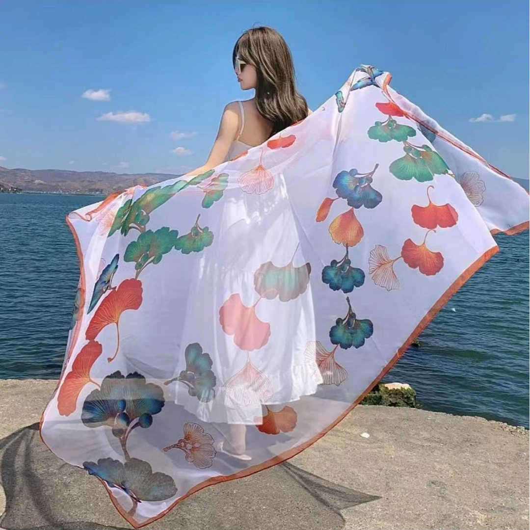 H026 多彩杏叶  云朵纱 130*180 丝巾 披肩 围巾