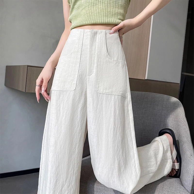 棉麻阔腿裤女2024夏季薄款高腰显瘦天丝镰刀裤宽松垂感棉麻休闲裤