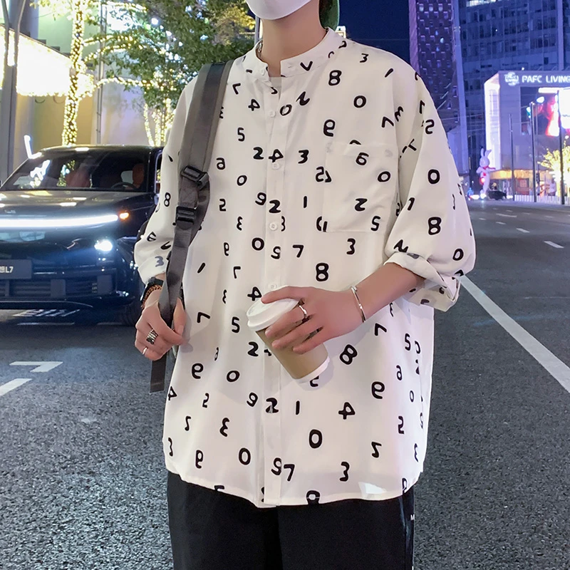 情侣冰丝垂感数字短袖衬衫男加肥加大码潮牌宽松小众痞帅休闲衬衣