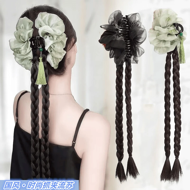 马尾辫子女新中式古风抓夹流苏长发双辫自然仿真发编发扭扭麻花辫