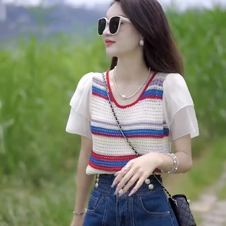 夏季新款条纹撞色时尚设计感百搭拼接针织上衣女雪纺袖圆领小衫潮