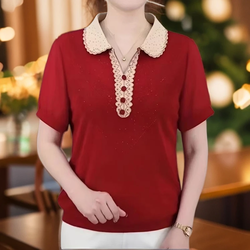 【嘉嘉】夏季新款时尚翻领洋气休闲百搭显瘦气质妈妈装东西上衣