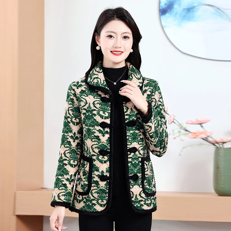 妈妈短款加绒加厚花棉袄中老年秋冬新款翻领盘扣宽松小棉衣外套