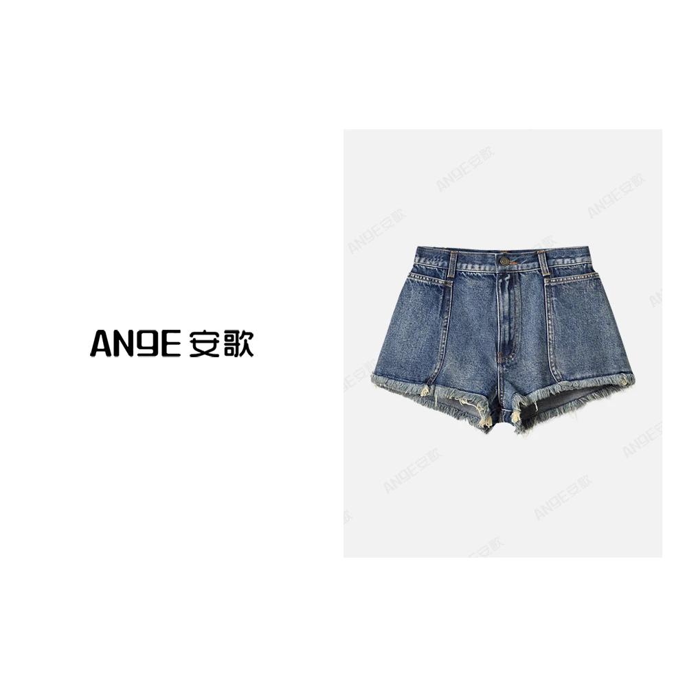 ANGE SUNNY【经典毛边牛仔短裤】大口袋复古百搭休闲毛边牛仔短裤