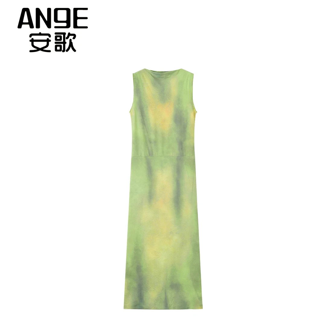 23夏秋  时尚气质百搭显瘦小众设计感温柔风无袖气质绿色印花长裙