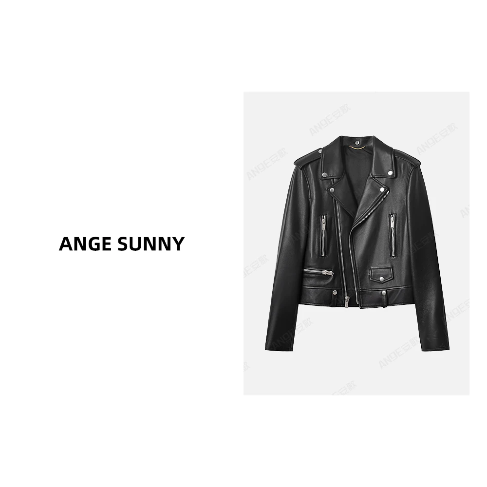 ANGE SUNNY【rosé同款 经典羊皮夹克】女款拉链口袋皮衣外套时尚