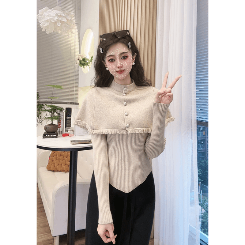 【燕麦威化】高级感小众斗篷式披肩两件套针织衫女秋季毛衣开衫套装