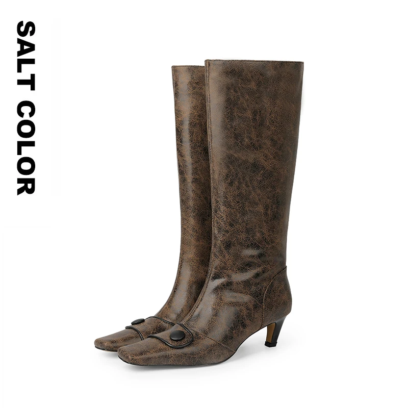 Saltcolor 复古方头裂纹异形跟高筒靴女低跟一脚蹬宽松长靴
