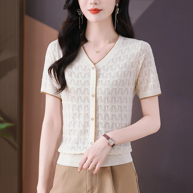 【天丝】洋气镂空夏季短袖女显瘦薄款打底上衣针织衫v领时尚百搭