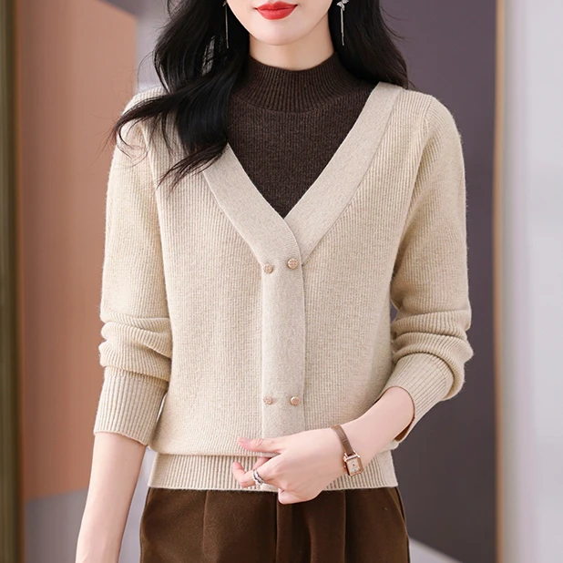 2024爆款秋冬女装假两件时尚百搭保暖加厚精致上衣半高领打底内搭