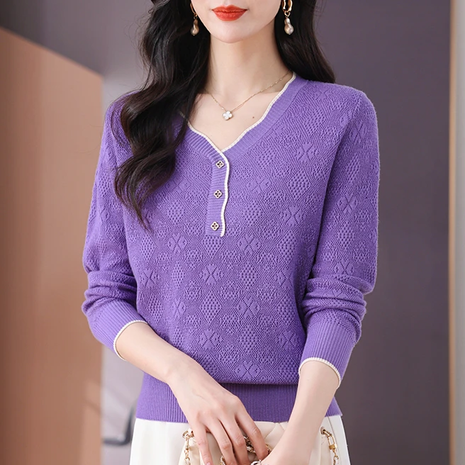 【绵羊毛】2024爆款时尚百搭秋款女装气质薄款V领提花长袖针织衫