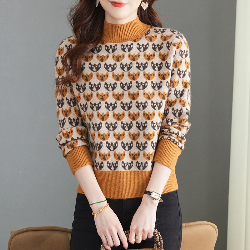 洋气百搭2024秋冬女装宽松半高领提花保暖加厚内搭套头打底毛衣