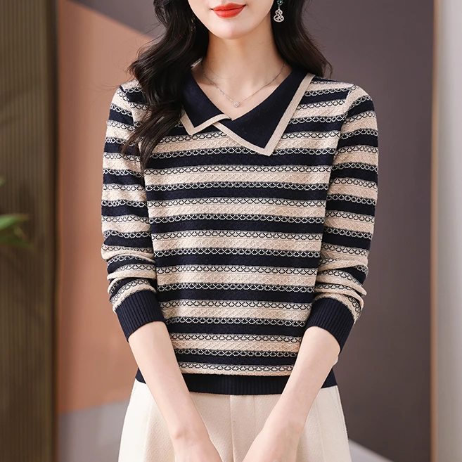 【绵羊毛】百搭条纹2024爆款秋款精致上衣翻领提花薄款长袖针织衫