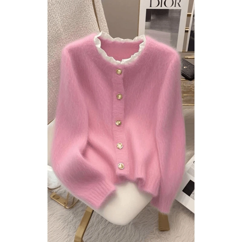 时尚韩系穿搭设计感针织上衣2025秋冬季新款高级感气质粉色毛衣女